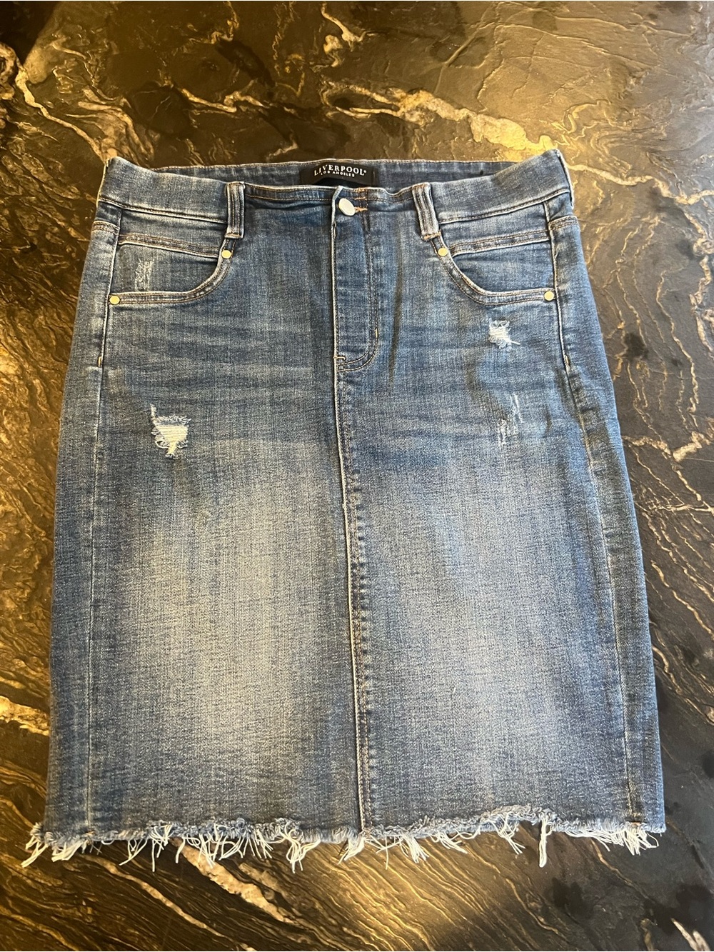 Liverpool Denim Pencil Skirt in Medium Blue with Frayed Hem
